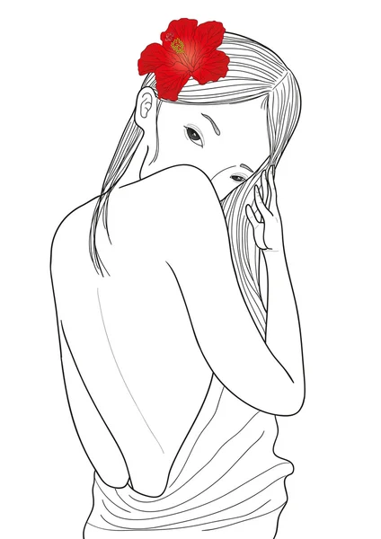 Όμορφο κορίτσι με το κόκκινο λουλούδι στα μαλλιά — Διανυσματικό Αρχείο