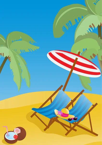 Chaises longues avec parasol sur la plage — Image vectorielle