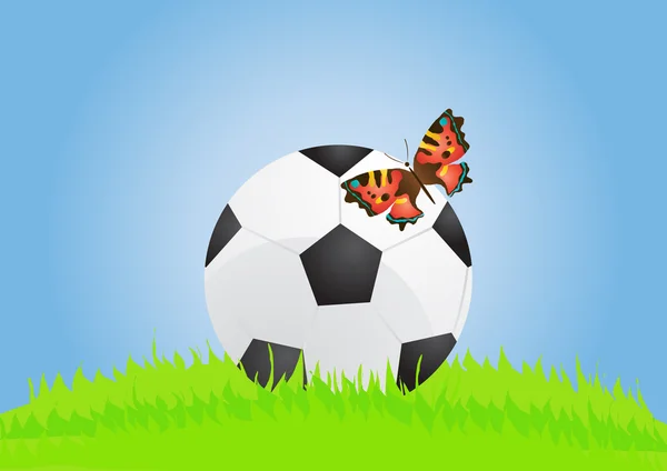 Soccer ball with butterfly on the lawn — Stock Vector