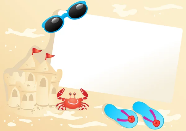 纸与太阳眼镜、 沙滩城堡、 人字拖鞋，附近的螃蟹 — 图库矢量图片