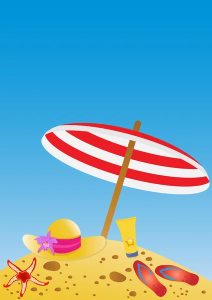 Umbrella, hat, flip-flops, cream, starfish on sand over sky — Stock Vector