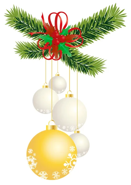 White and yellow hanging on spruce twig with mistletoe — Stock Vector