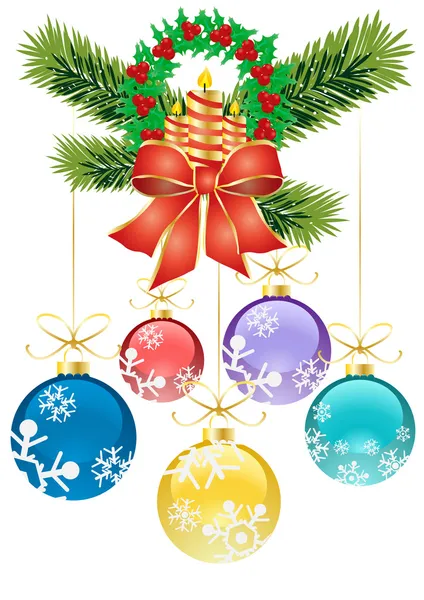 Decorazione natalizia agrifoglio con bacche e palline colorate — Vettoriale Stock