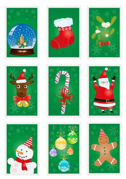 Grüne Grußkarten mit Weihnachtssymbolen — Stockvektor