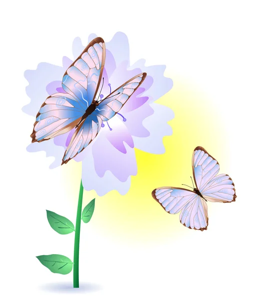 Μπλε λουλούδι με πεταλούδες — Διανυσματικό Αρχείο