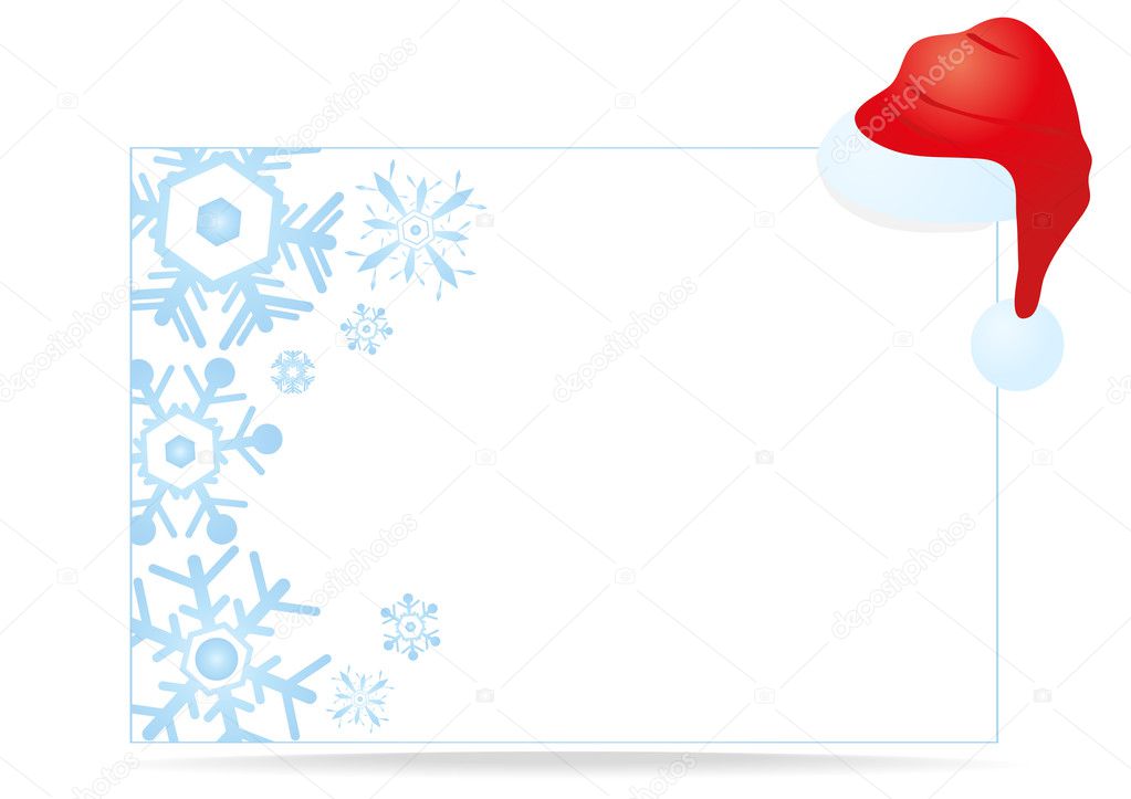 Card with blue snowflakes and santa claus cap
