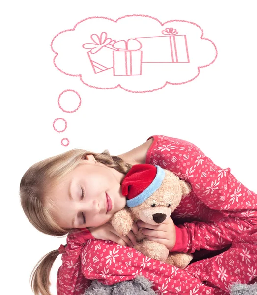 Sleepy girl with teddy bear — Stock Photo, Image