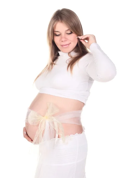 Mujer embarazada hermosa en tela ligera — Foto de Stock