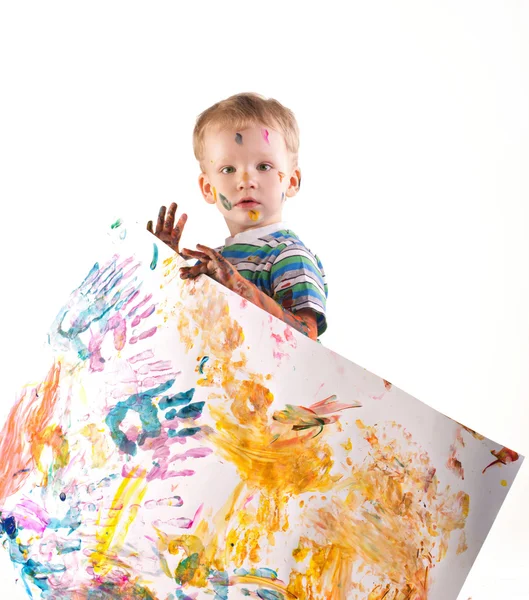 Little artistic kid holding a picture — Stock Photo, Image