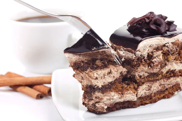 Dessert med choklad-kaka och kaffe — Stockfoto