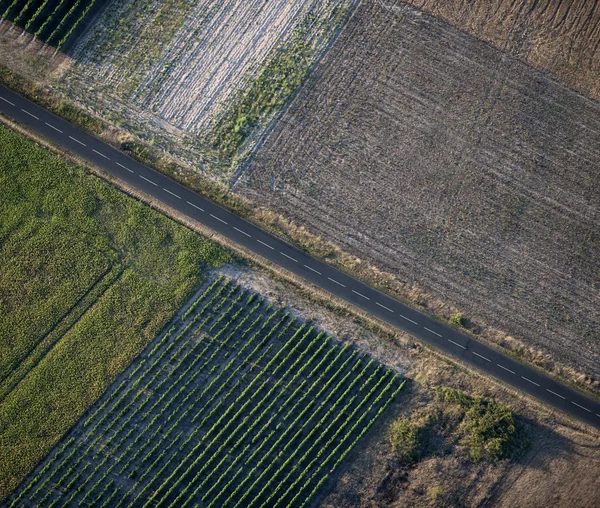 Aerial view of empty road and fields — Stock Photo, Image