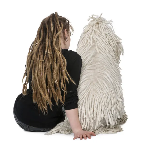 화이트 유선 표준 푸 들 강아지와 험 상을 흰색 배경 앞에 앉아 여자의 뒷 모습 — 스톡 사진