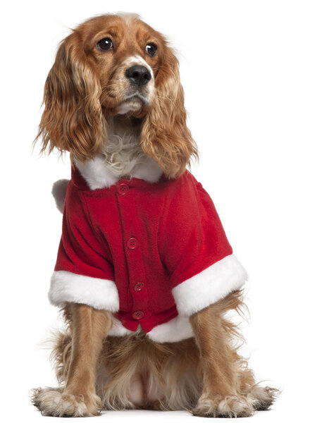 English Cocker Spaniel in Santa outfit, 10 months old, sitting in front of white background