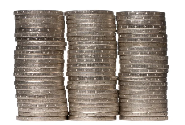 Stacks of 2 Euros Coins in front of white background — Stock Photo, Image