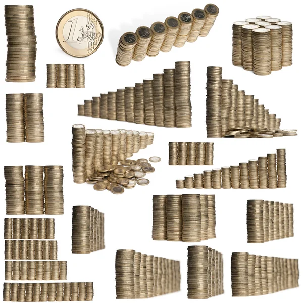 Коллаж стеков 2 евро Монеты на белом фоне — стоковое фото