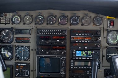 Close-up of old cockpit control panel of airplane