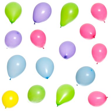 Sixteen multicolored balloons floating in front of a white background