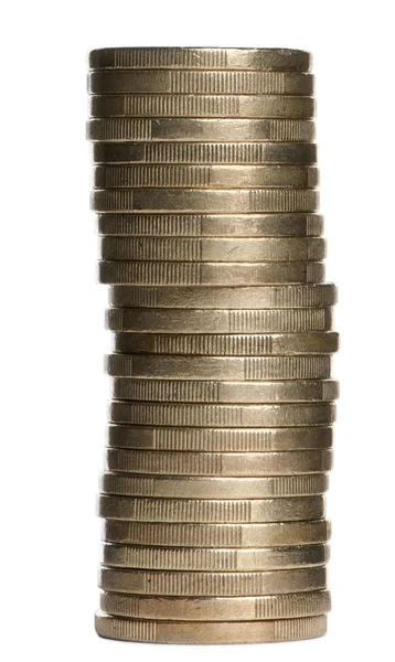 Στοίβα των κερμάτων σε ευρώ 1 μπροστά από το λευκό φόντο — Φωτογραφία Αρχείου