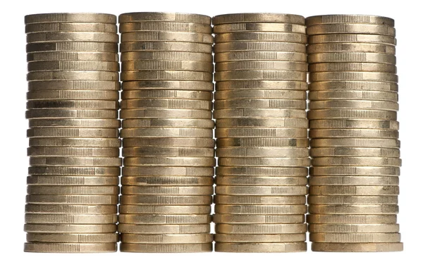 Stacks of 1 Euros Coins in front of white background — Stock Photo, Image