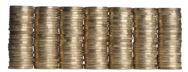 Zásobníky 1 euro mincí před bílým pozadím — Stock fotografie
