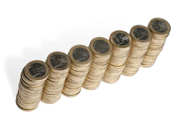 Paquets de pièces de 1 Euros devant fond blanc, vue grand angle — Photo