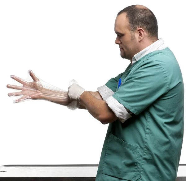 Veterinář nasadil plastové rukavice před bílým pozadím — Stock fotografie