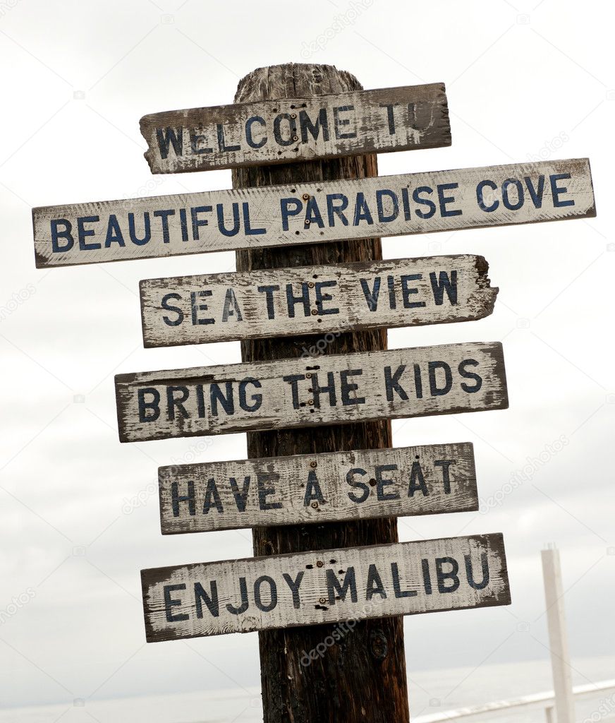Sign on Malibu beach, Los Angeles, California, USA