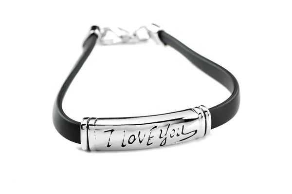 Black rubber bracelet with metal element and inscription I love you — Stock Photo, Image