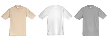 Photograph of three blank t-shirts, beige, white and grey. clipart