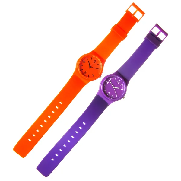 stock image Orange and violet plastic watches isolated on white