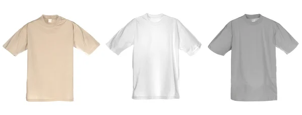 Photograph of three blank t-shirts, beige, white and grey. Stock Picture
