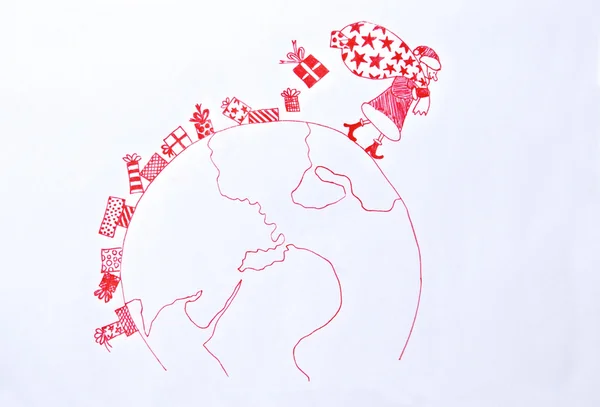 산타 클로스의 선물의 자루와 함께 세계를 산책의 그림 로열티 프리 스톡 이미지