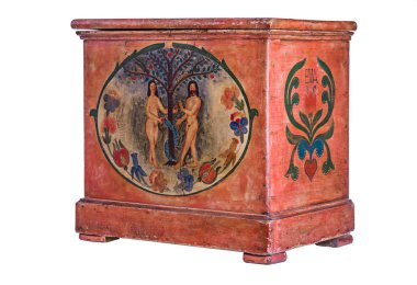 Antique wooden chest with Adam and Eve painting clipart