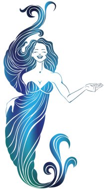 Smiling pretty girl in long flowing evening dress. Makes hand gesture of invitation clipart