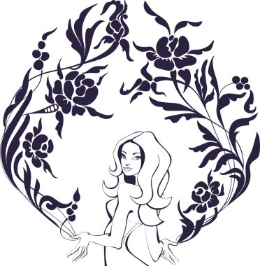 Calm young woman stands in half-turn keeps in hand a wreath of f clipart