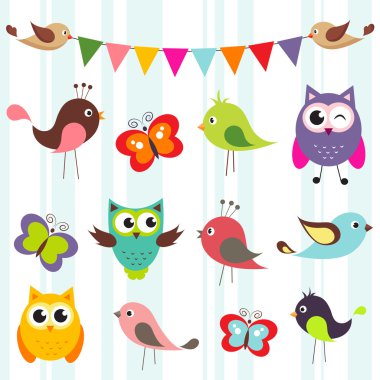 Set of cute birds and butterflies clipart