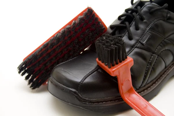Men shoe with shoe brush — Stock Photo, Image