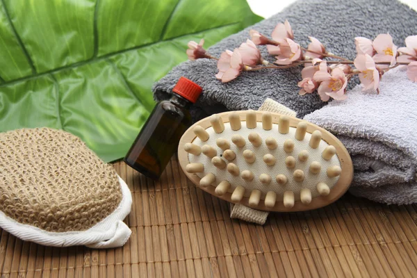 Massageborstel met geur olie en spons — Stockfoto