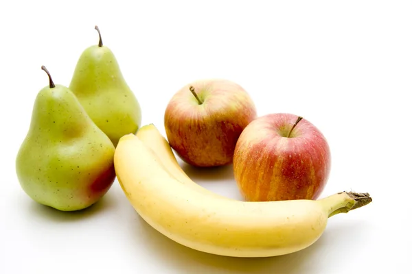 Äpfel und Birnen mit Banane — Stockfoto