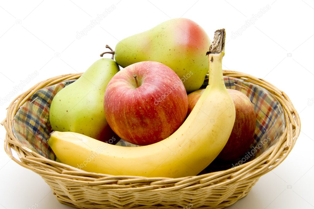 Apples and pears with bananas in the basket ⬇ Stock Photo, Image by