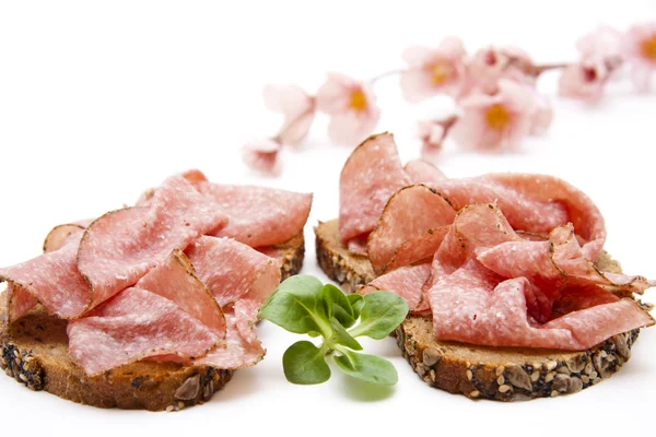 Salami on bread — Stock Photo, Image