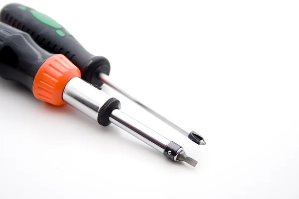 Screwdriver with Screws in Wood — Stock Photo, Image