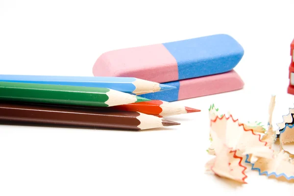 Färgade pennor med gummi — Stockfoto