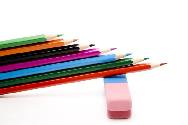 Coloured pencils with rubber — Stock Photo, Image