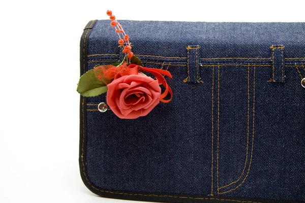 Disk briefcase from jeans material with flower — Stock Photo, Image