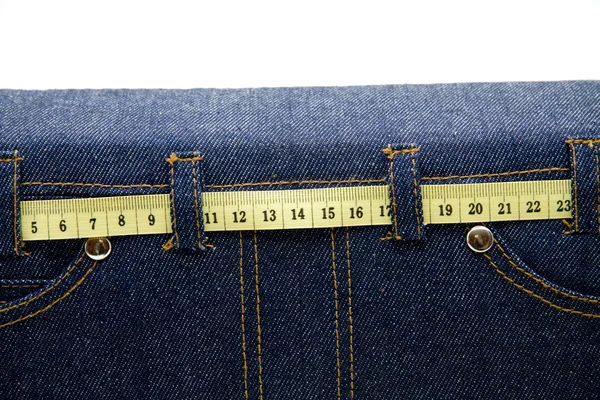 Disk briefcase from jeans material with dimension tape — Stock Photo, Image