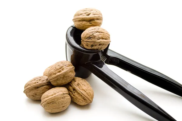 Brown Walnuts with nutcracker — Stock Photo, Image