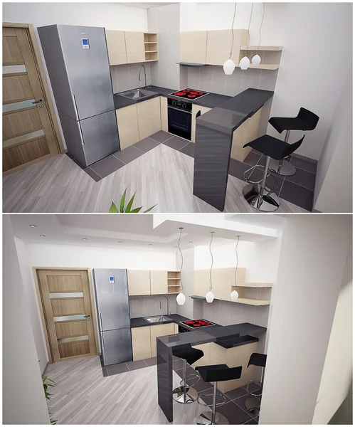 3d Innenraum der Küche in der Wohnung — Stockfoto