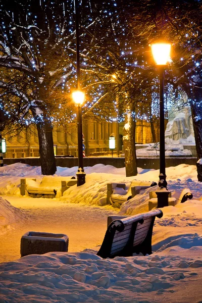 Bancos e lâmpadas na noite de inverno — Fotografia de Stock