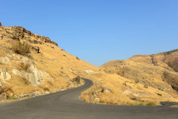 stock image Curved black road in yellow hills